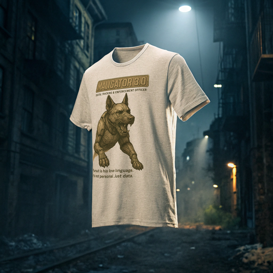 Ghost dummy T-shirt mockup bearing Intentional Error's Maligator 3.0 graphic design against a rundown nighttime city background.