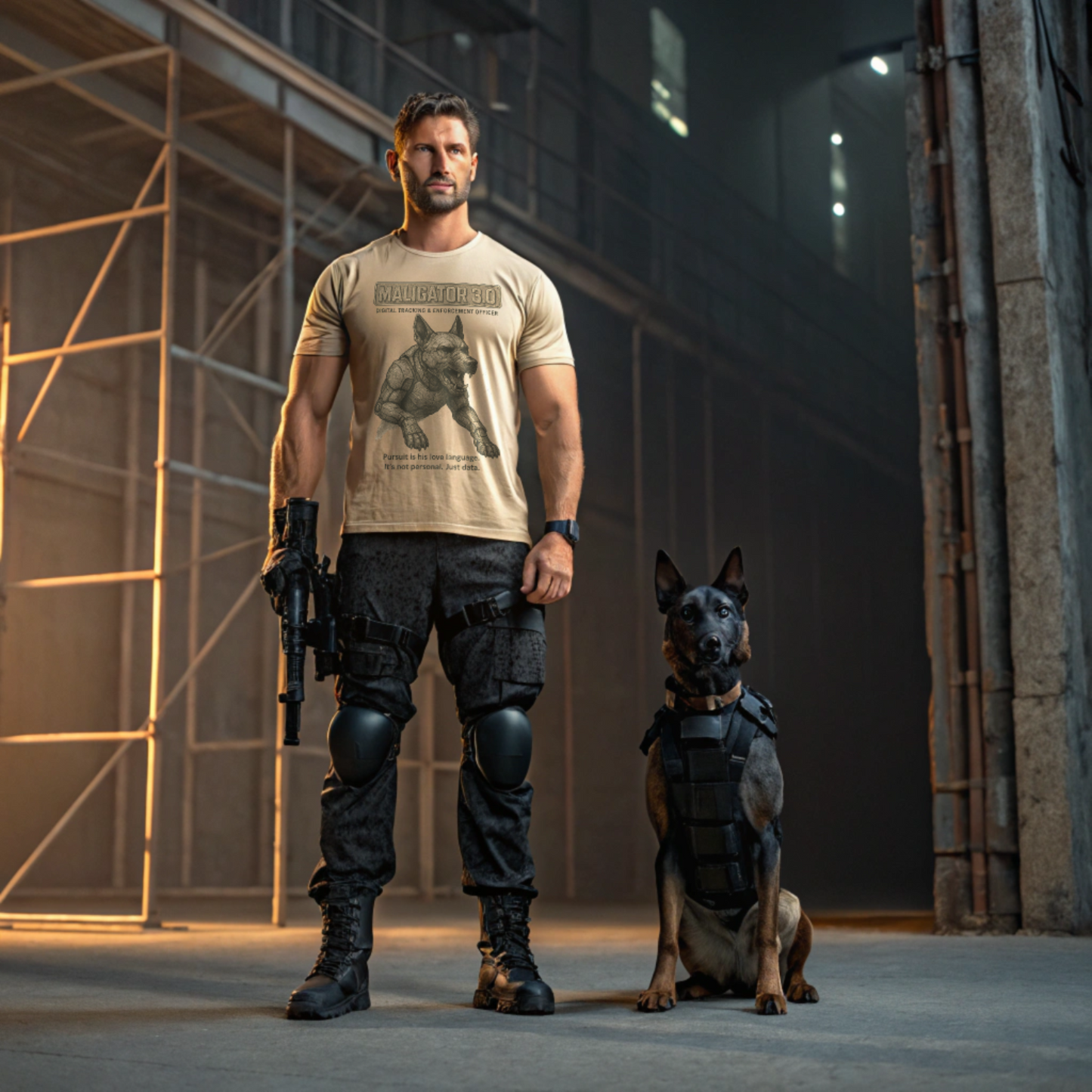 Border agent wearing Intentional Error's Maligator 3.0 graphic T-shirt stands next to his Belgian Malinois dog in a tactical vest.