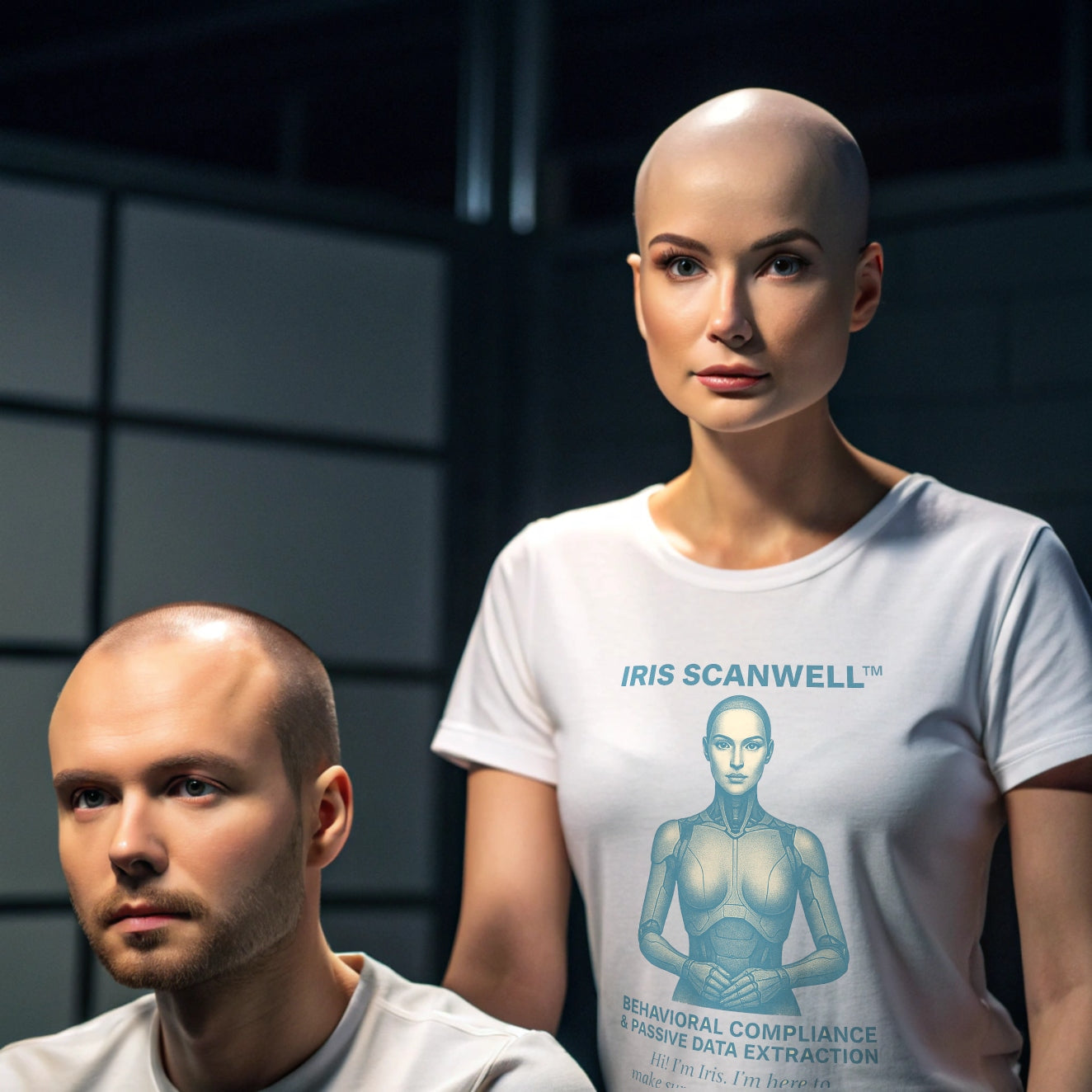 AI compliance officer Iris Scanwell stands behind a male subject in an interrogation room, wearing a satirical workplace surveillance t-shirt from Intentional Error’s BeigeBots™ collection.