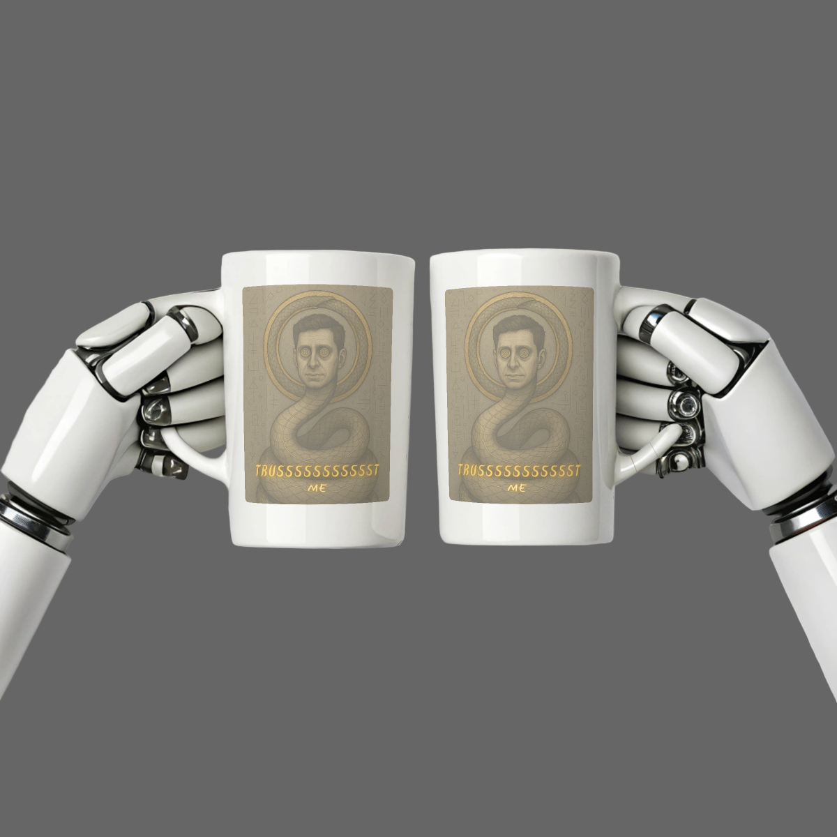 Two white mugs held by robot hands with a portrait and text on a light gray background
