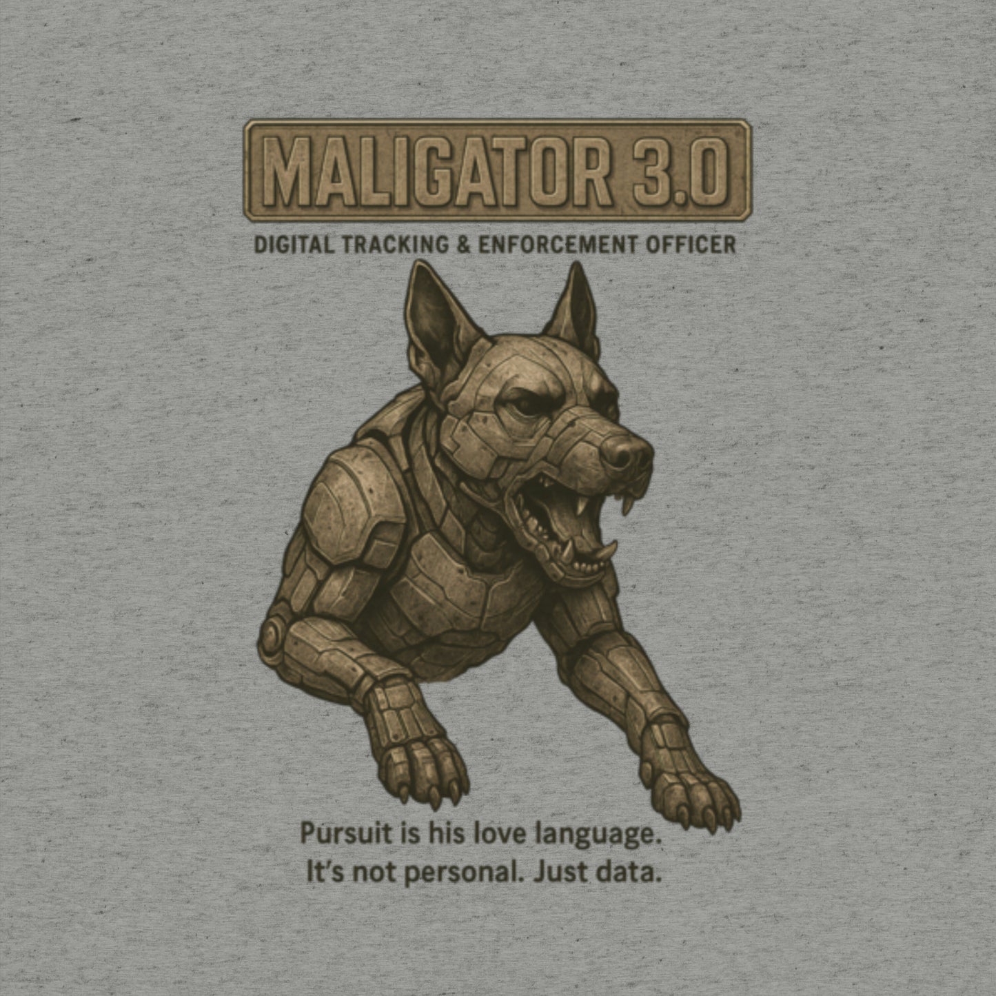 T-shirt featuring a robotic Belgian Malinois with the text “Maligator 3.0 – Digital Tracking Officer.” Satire of predictive policing.