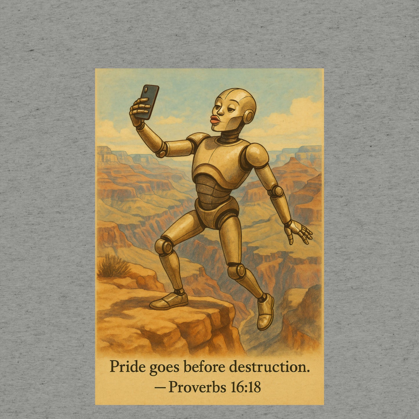 T-shirt featuring a robot taking a duck-lip selfie at the Grand Canyon with caption: “Pride goes before destruction.”
