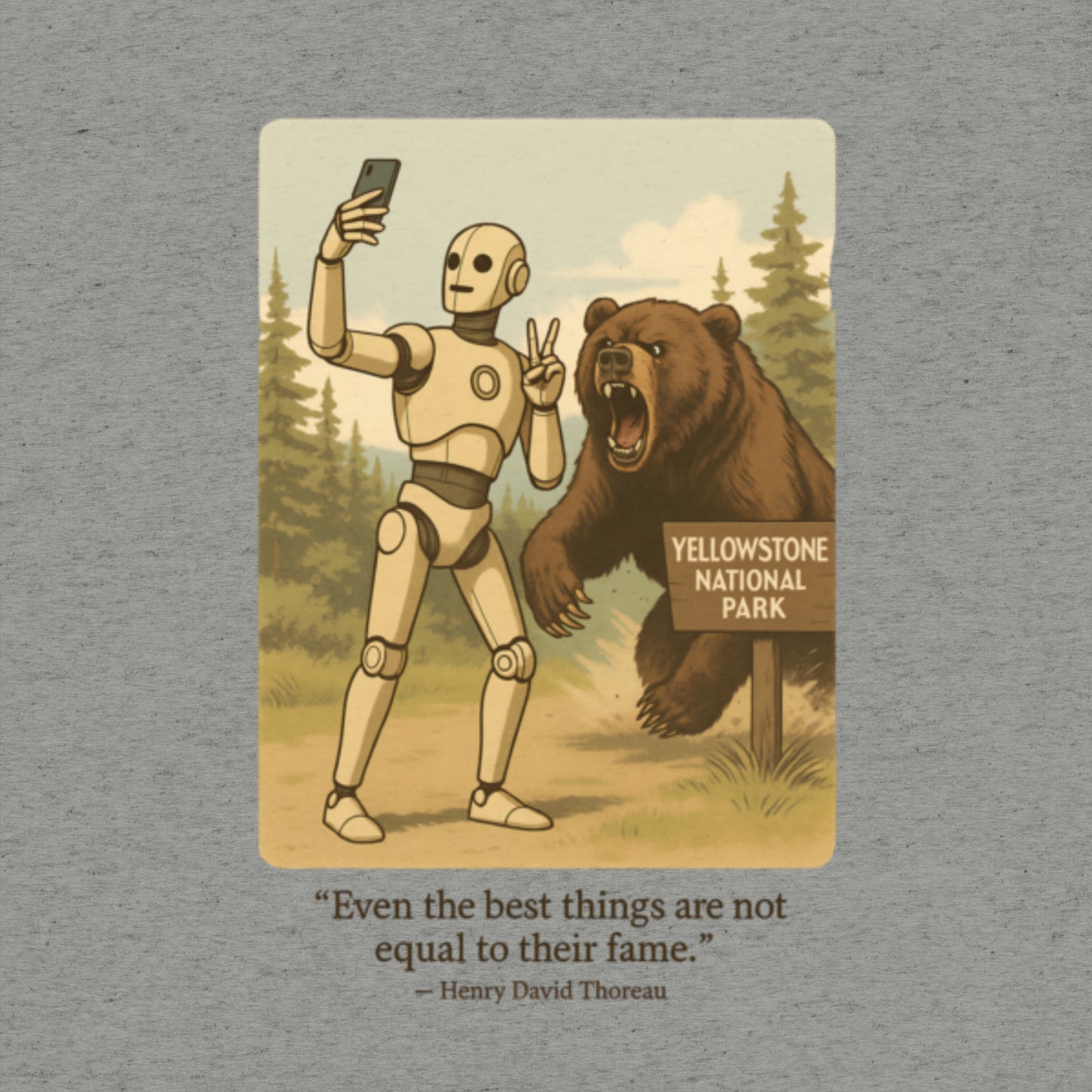 Satirical AI influencer shirt, robot doing selfie pose as bear charges, vintage aesthetic