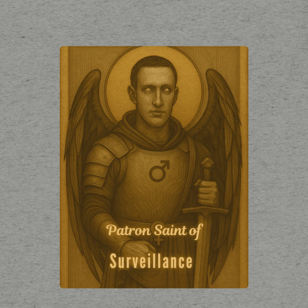 T-shirt graphic with an angelic figure and text 'Patron Saint of Surveillance' on a gray background
