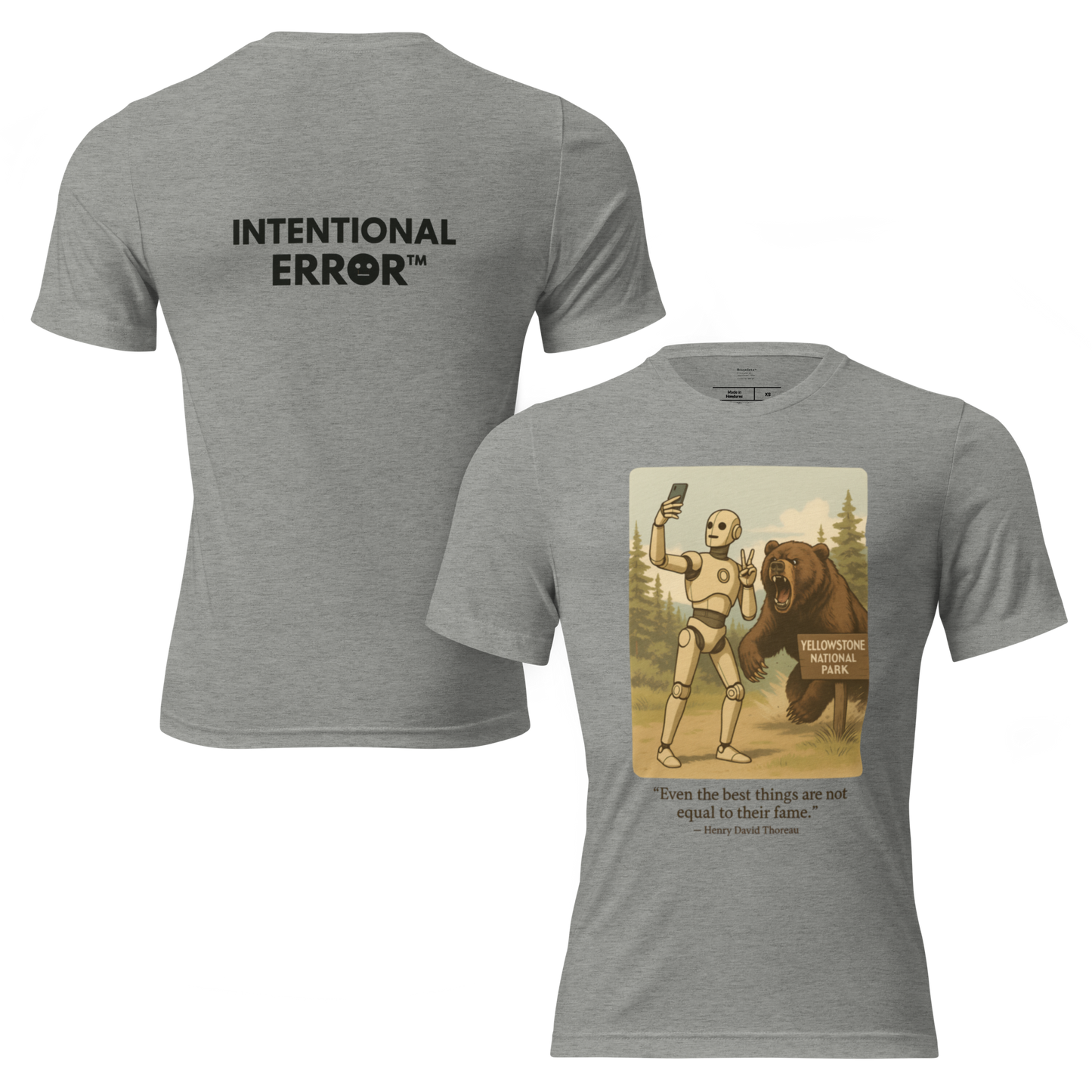 T-shirt featuring a robot taking a selfie in front of a roaring bear at Yellowstone National Park. Satirical AI influencer design.