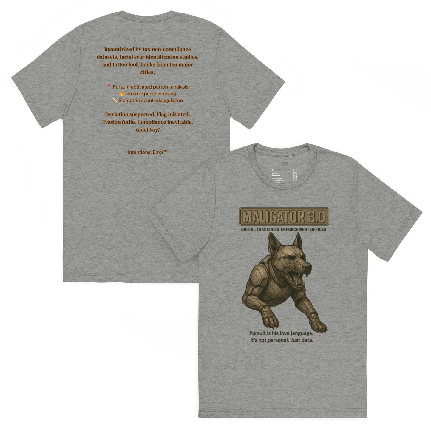 Back and front mockups of Intentional Error's Maligator 3.0 graphic T-shirt in grey.