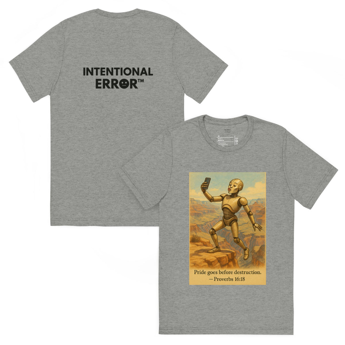 Back and front mockups of Intentional Error's Duck Lips on the Edge graphic T-shirt in grey.