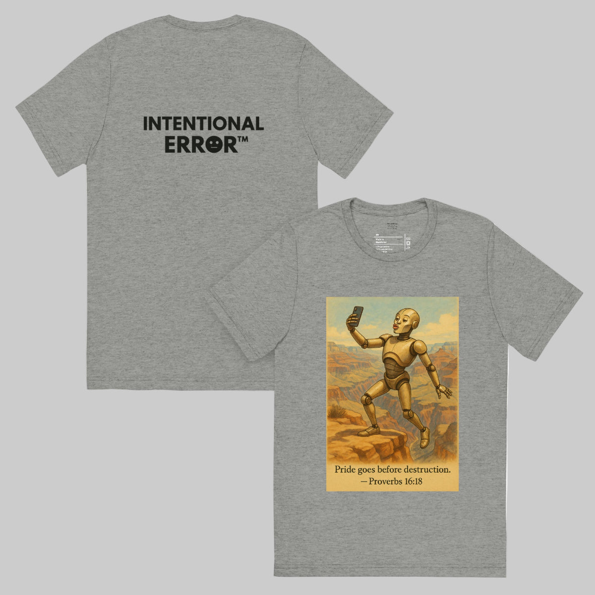 Back and front mockups of Intentional Error's Duck Lips on the Edge graphic T-shirt in grey.