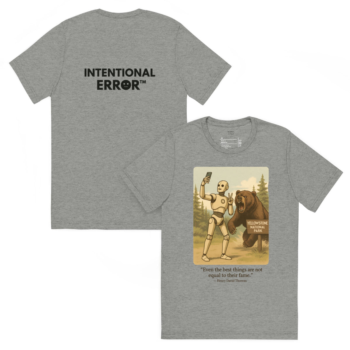 Back and front mockups of Intentional Error's Bearly Surviving graphic T-shirt in grey.