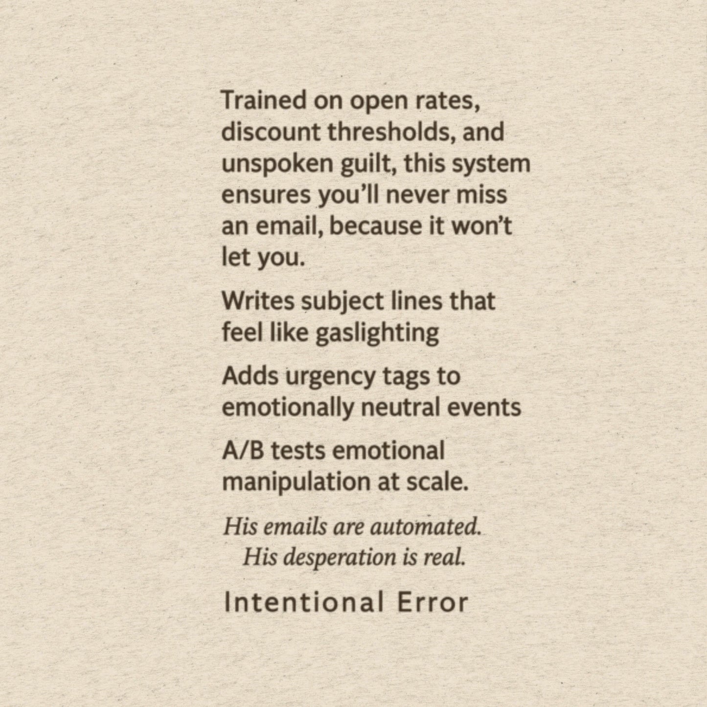 Back of Intentional Error's Chimpforce 360™ shirt with deadpan corporate satire about A/B testing, inbox guilt, and the sad little monkey behind your email funnel.