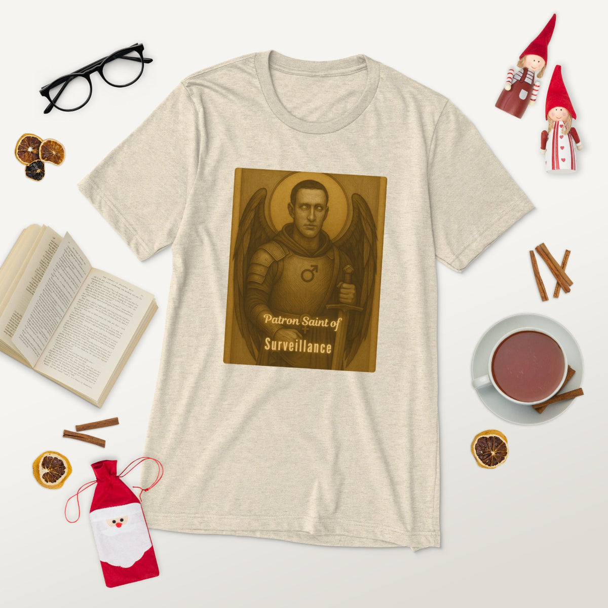 Beige t-shirt mockup with a graphic design on a white background