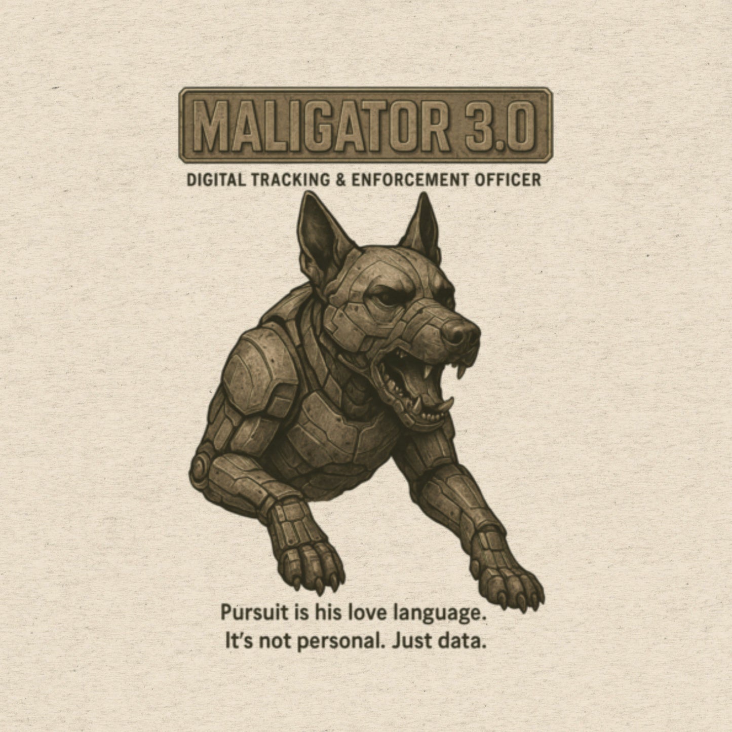 T-shirt featuring a robotic Belgian Malinois with the text “Maligator 3.0 – Digital Tracking Officer.” Satire of predictive policing.