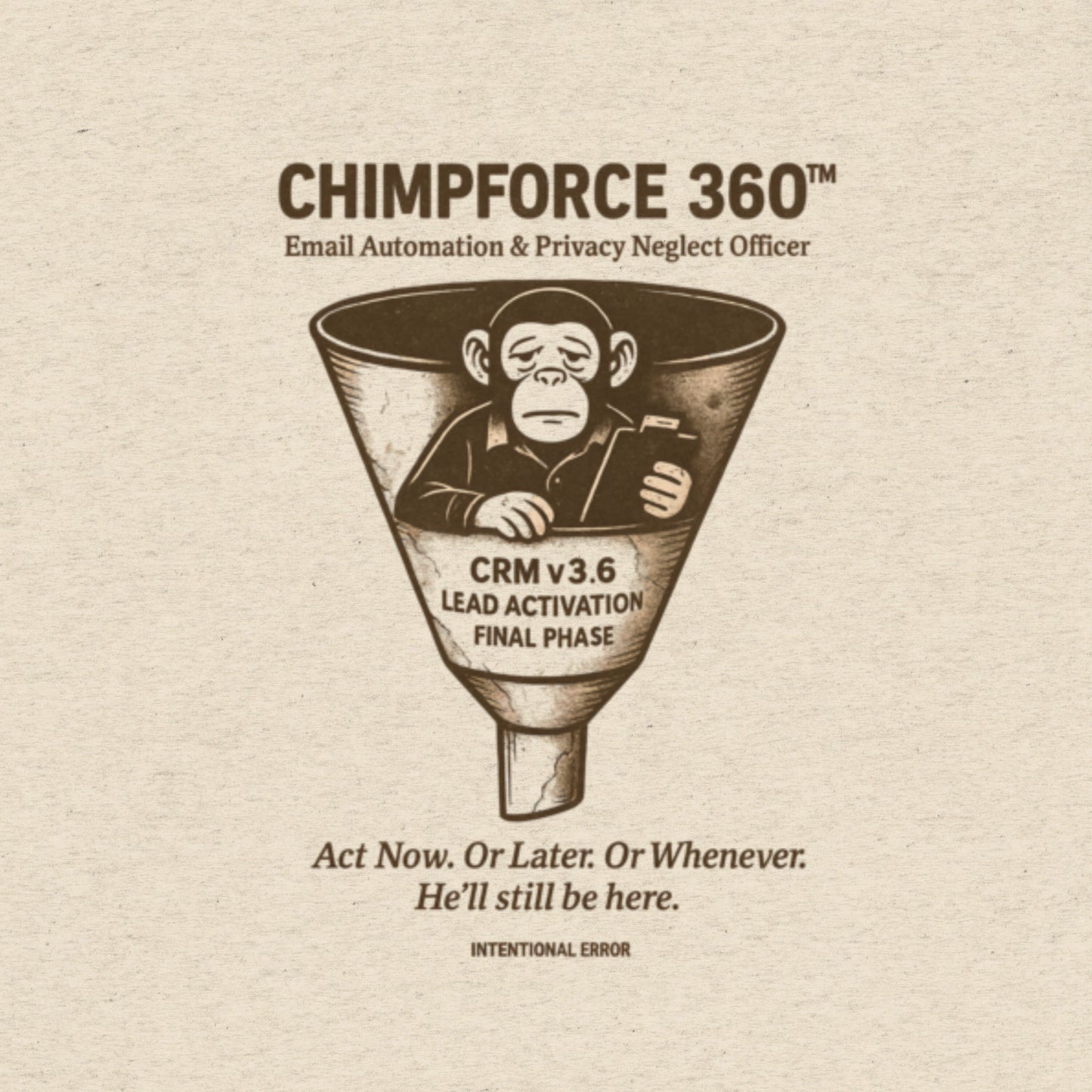 T-shirt featuring a robotic chimp slumped in a marketing funnel with “CRM v3.6 Lead Activation Final Phase.” Email satire graphic.