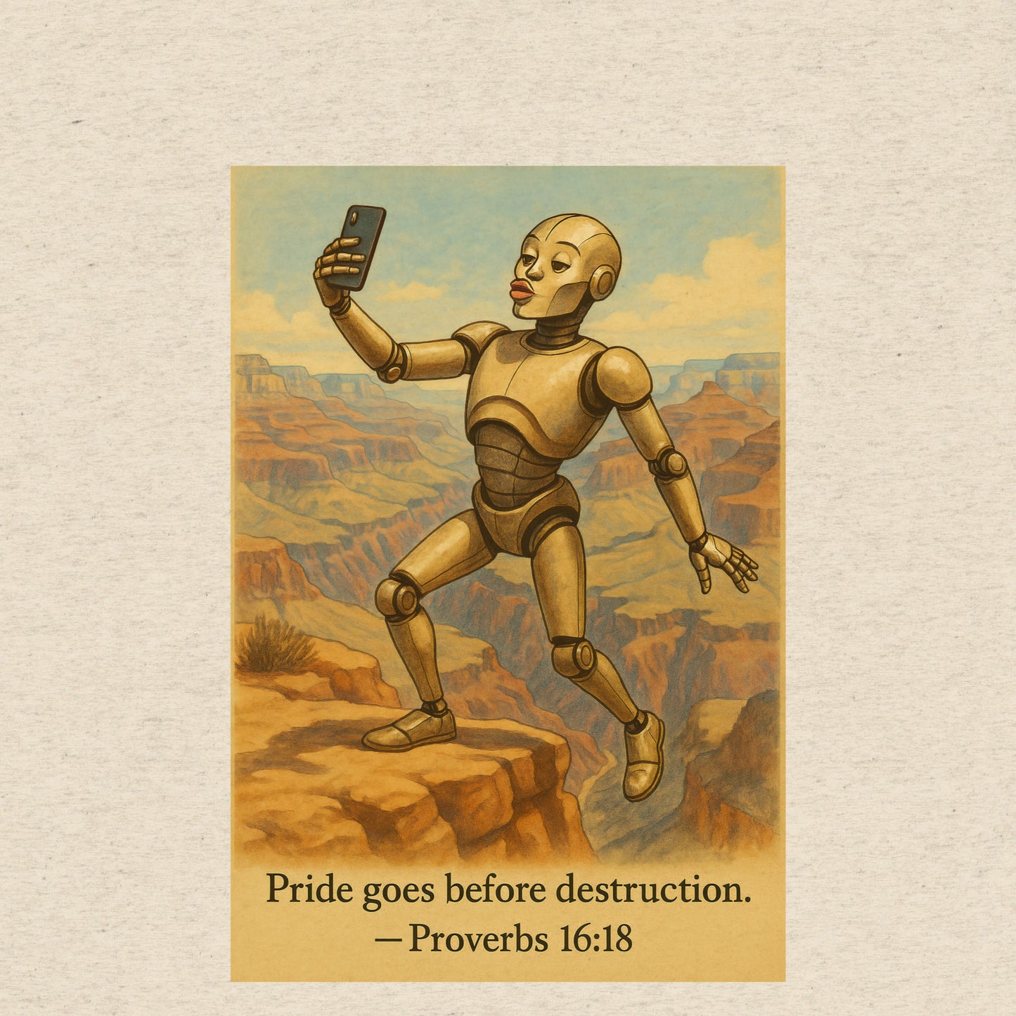 T-shirt featuring a robot taking a duck-lip selfie at the Grand Canyon with caption: “Pride goes before destruction.”
