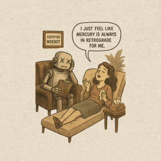 Vintage-style t-shirt showing a burnout robot therapist giving side-eye to a woman complaining about Mercury in retrograde.