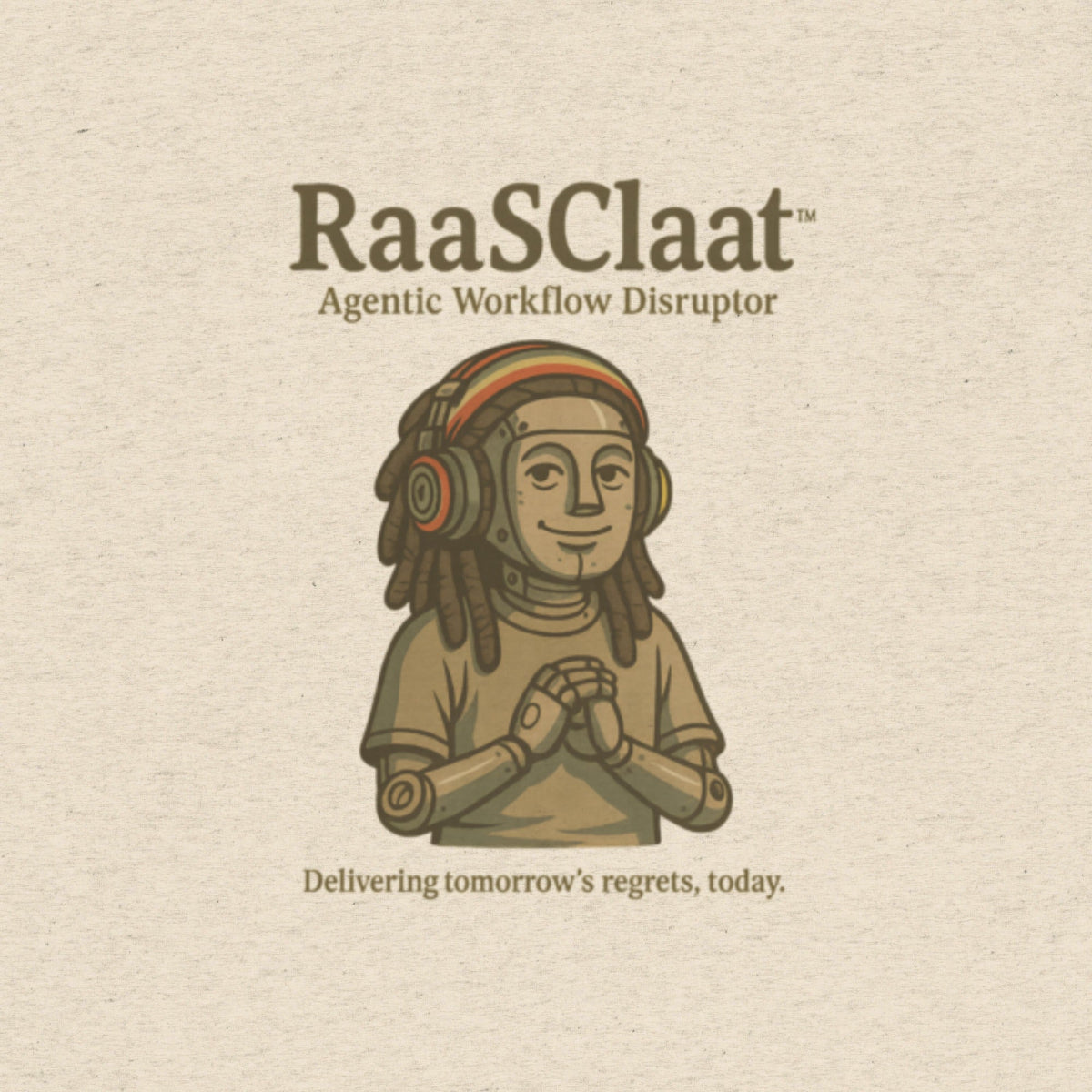 Illustration of a person with dreadlocks and headphones, with 'RaaSClaat' branding on a beige background.