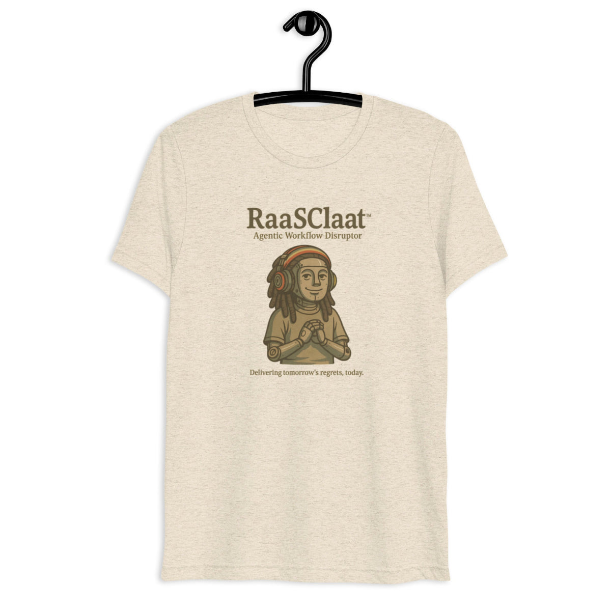 Beige t-shirt with a graphic and text on a hanger against a white background