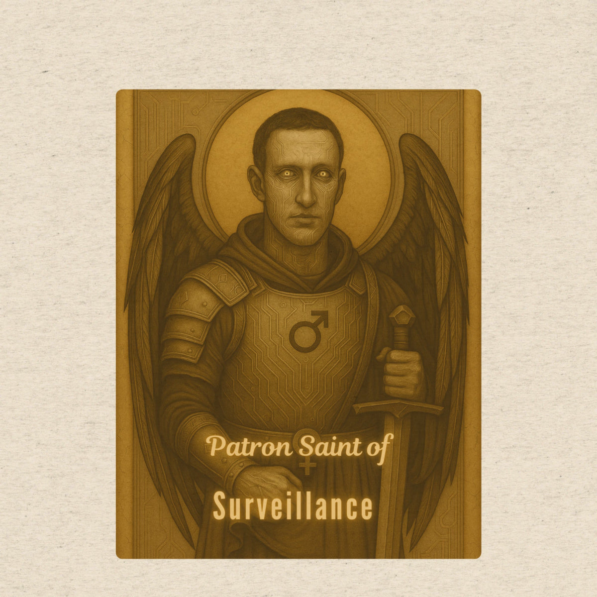 Illustration of an armored angelic figure with a sword, labeled 'Patron Saint of Surveillance', on a textured beige t-shirt background.