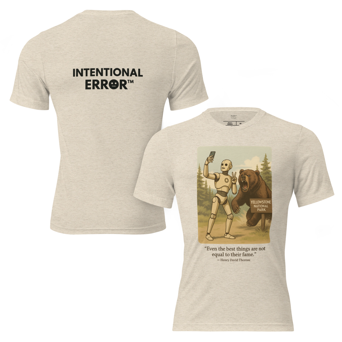 T-shirt featuring a robot taking a selfie in front of a roaring bear at Yellowstone National Park. Satirical AI influencer design.