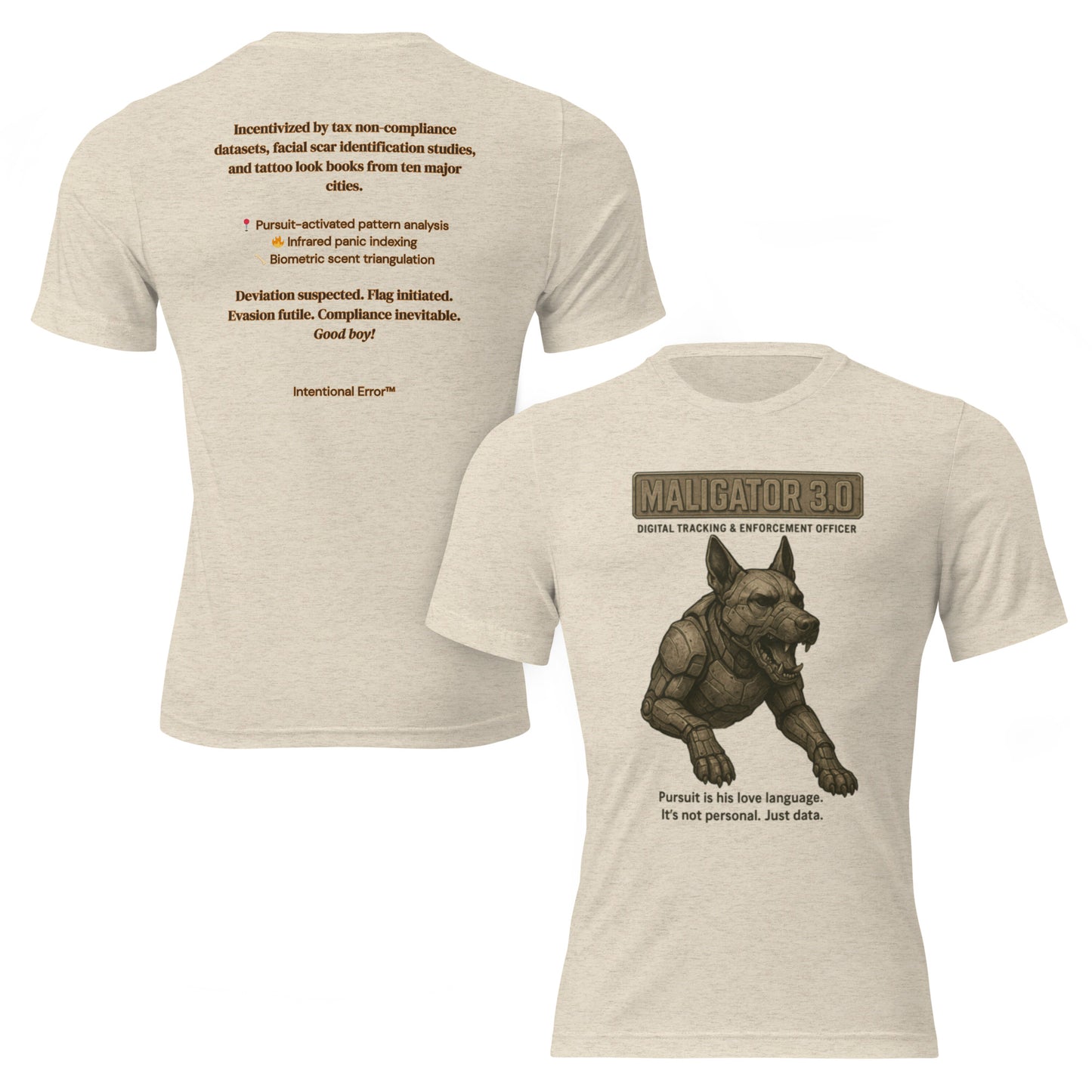 T-shirt featuring a robotic Belgian Malinois with the text “Maligator 3.0 – Digital Tracking Officer.” Satire of predictive policing.