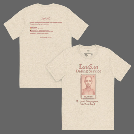 Back and front mockups of Intentional Error's LaaS.ai Dating Service graphic T-shirt in oatmeal.