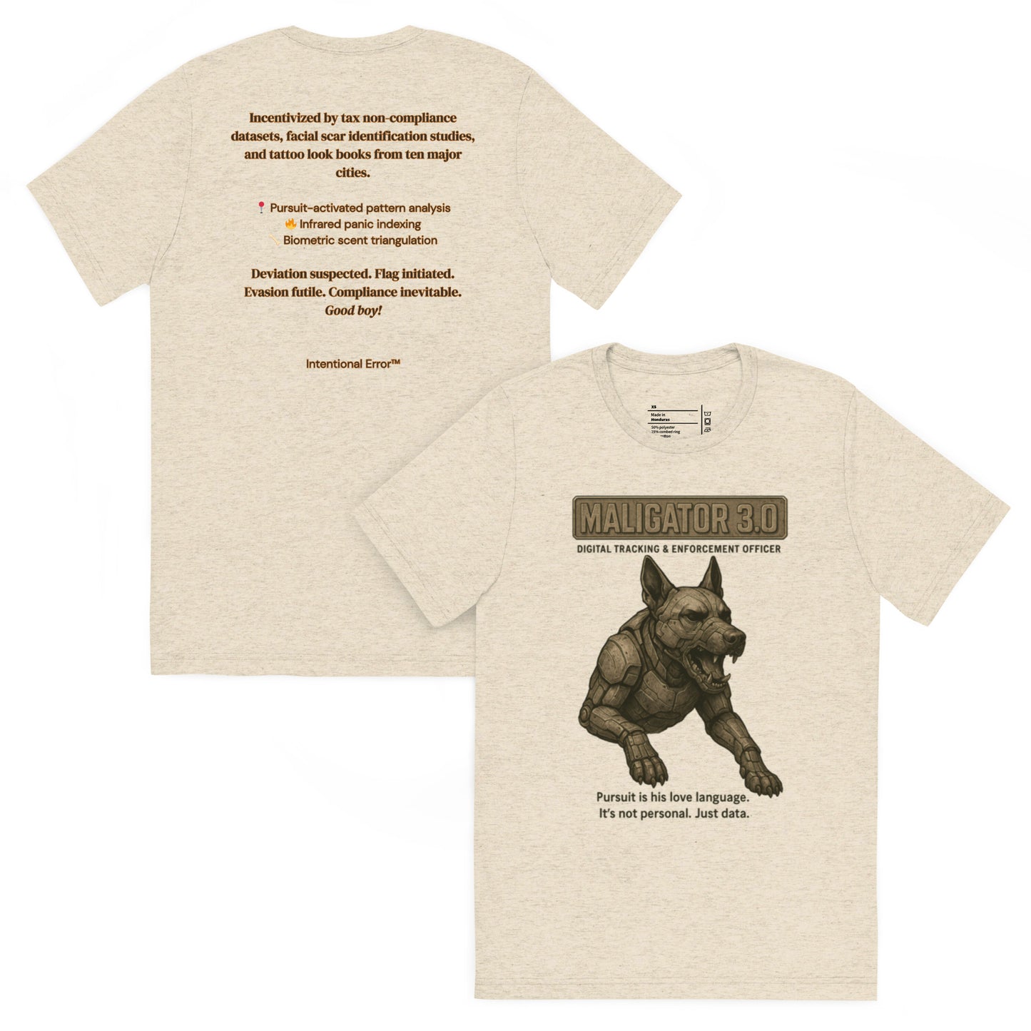 Back and front mockups of Intentional Error's Maligator 3.0 graphic T-shirt in oatmeal.