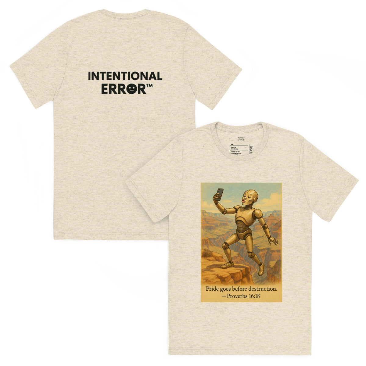 Back and front mockups of Intentional Error's Duck Lips on the Edge graphic T-shirt in oatmeal.