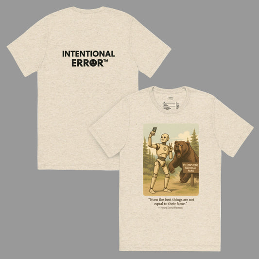 Back and front mockups of Intentional Error's Bearly Surviving graphic T-shirt in oatmeal.