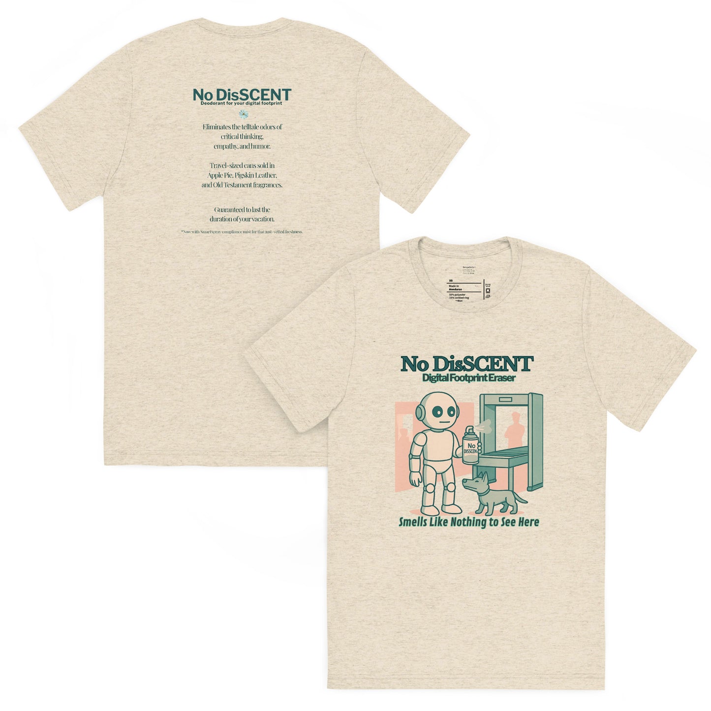 Back and front mockups of Intentional Error's No DisSCENT graphic T-shirt in oatmeal.