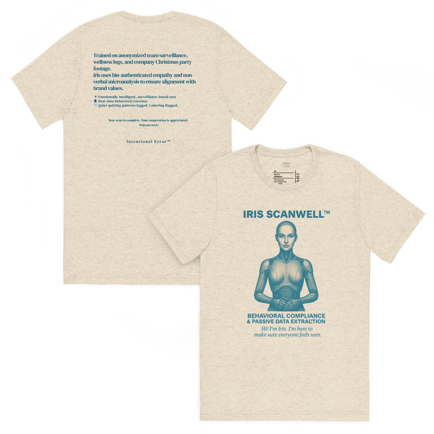 Back and front mockups of Intentional Error's Iris Scanwell graphic T-shirt in oatmeal.