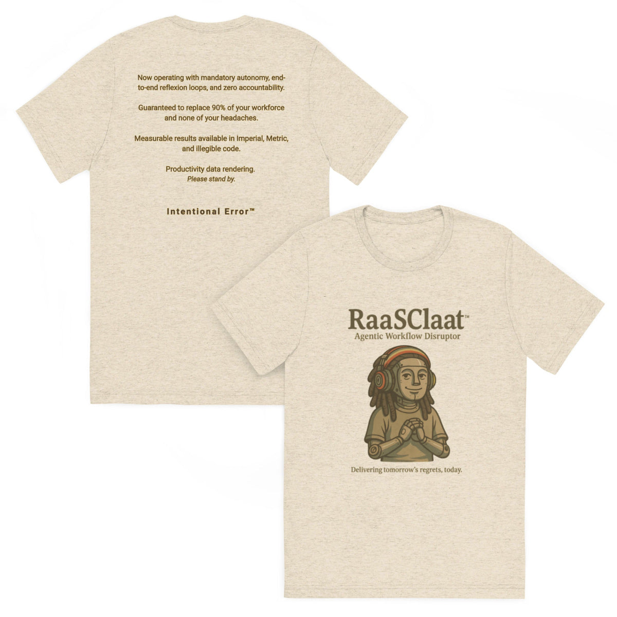 Beige t-shirt with text and graphic design on a beige background