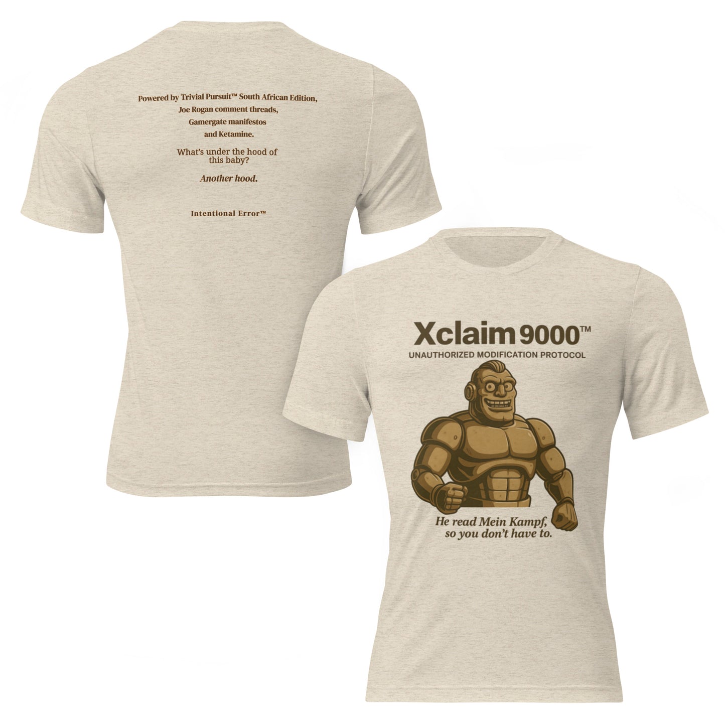 Ghost mockup depicting front and back images of Intentional Error's Xclaim 9000 graphic t-shirt design in Oatmeal.