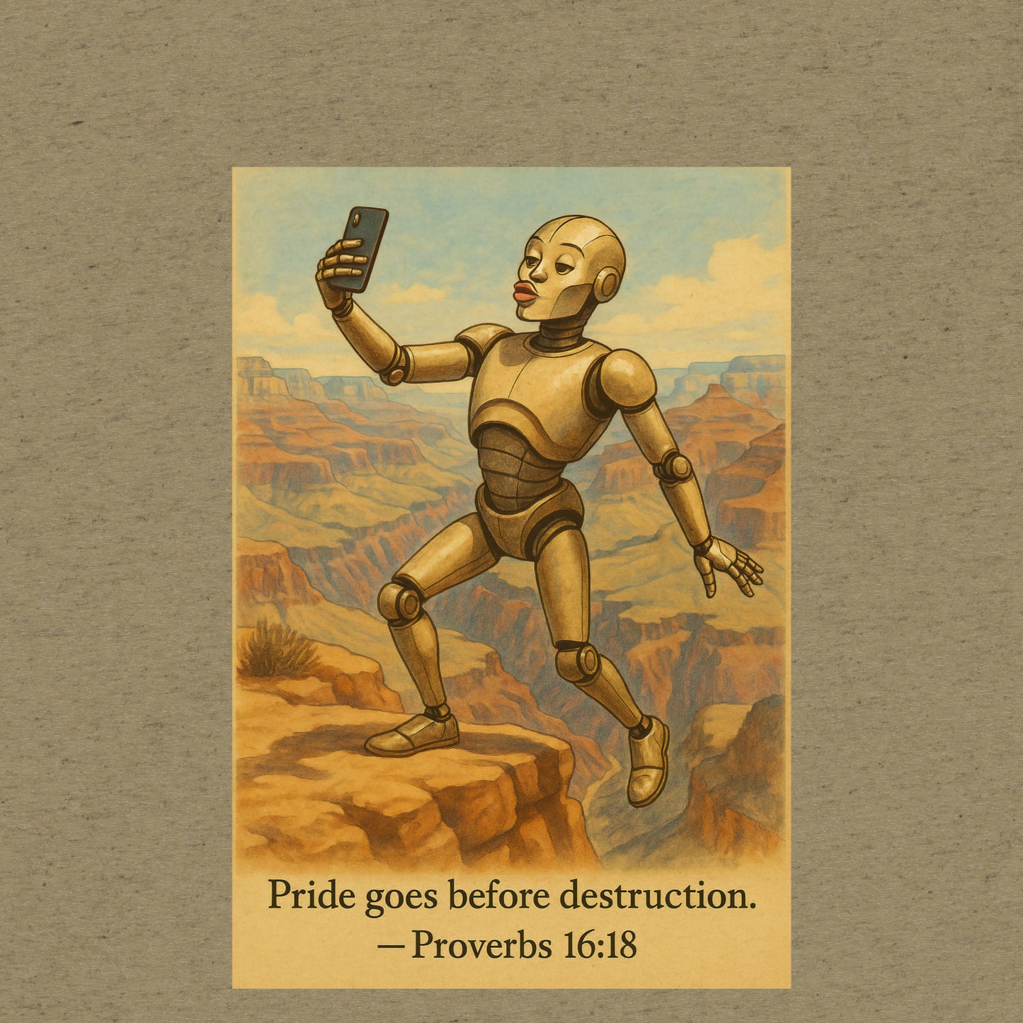 T-shirt featuring a robot taking a duck-lip selfie at the Grand Canyon with caption: “Pride goes before destruction.”