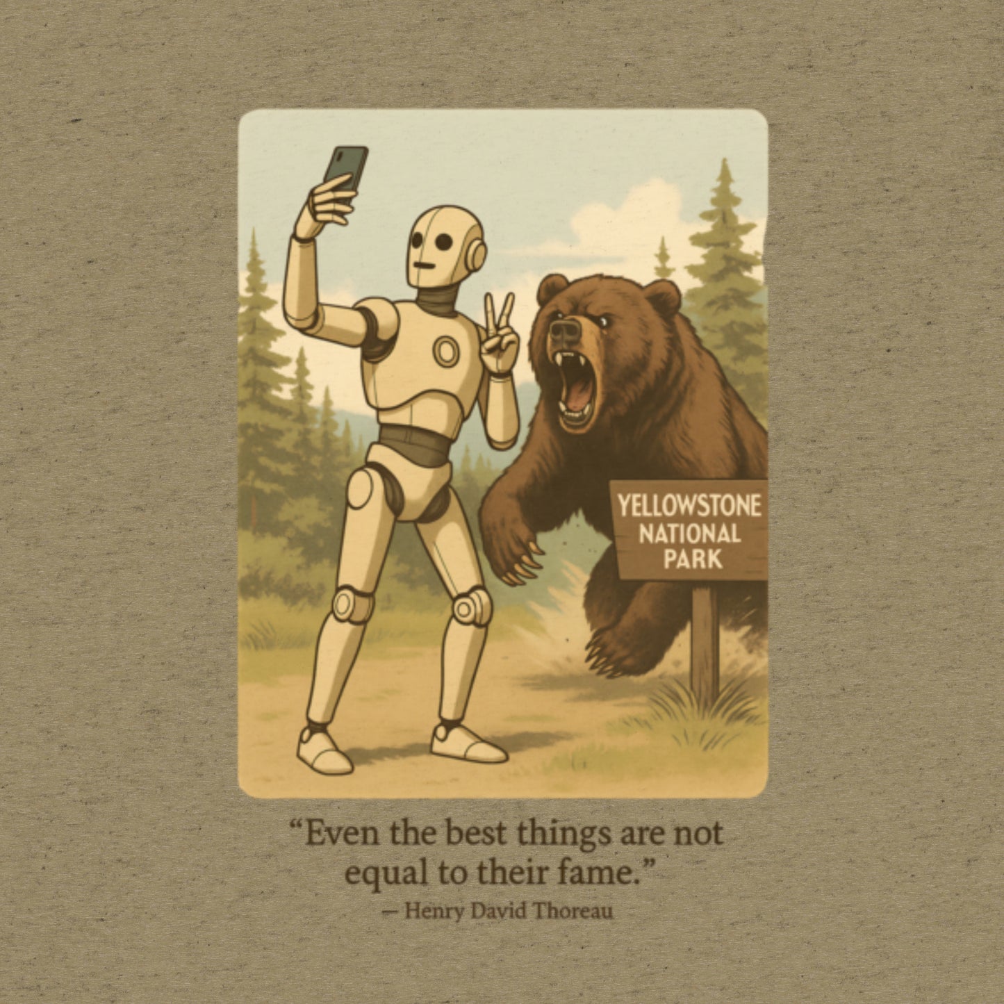 Satirical AI influencer shirt, robot doing selfie pose as bear charges, vintage aesthetic