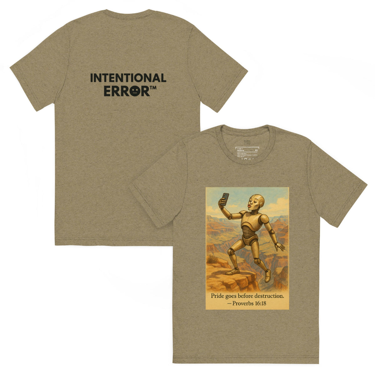 Back and front mockups of Intentional Error's Duck Lips on the Edge graphic T-shirt in olive.