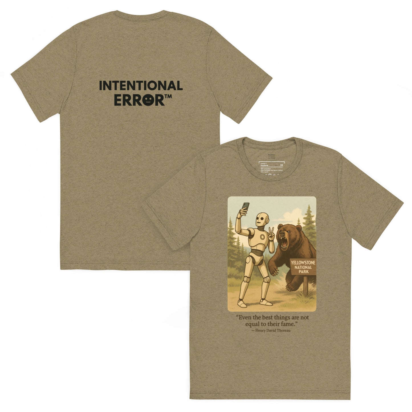 Back and front mockups of Intentional Error's Bearly Surviving graphic T-shirt in olive.