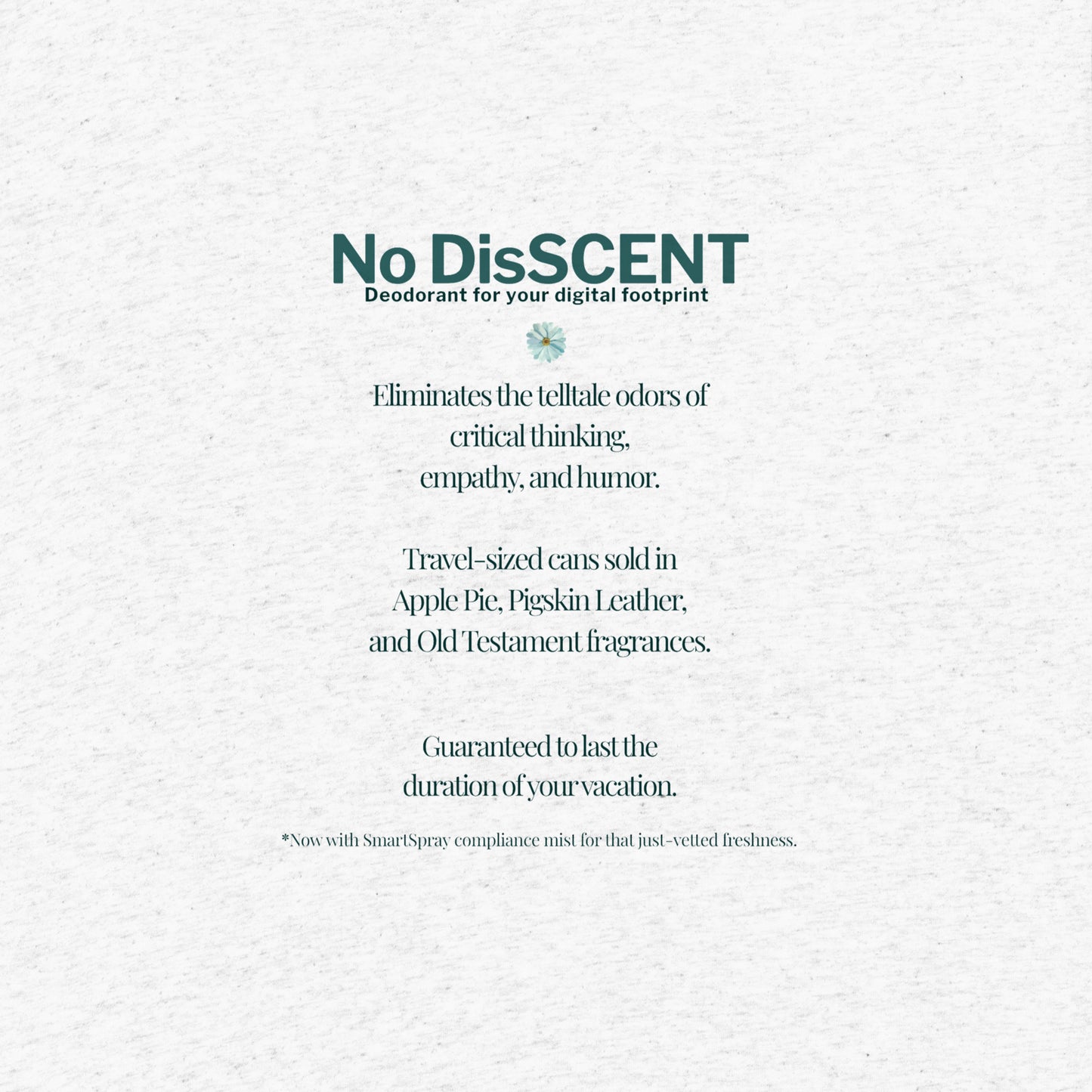 No DisSCENT shirt back tile – satirical copy listing Apple Pie and Pigskin Leather surveillance-friendly scents