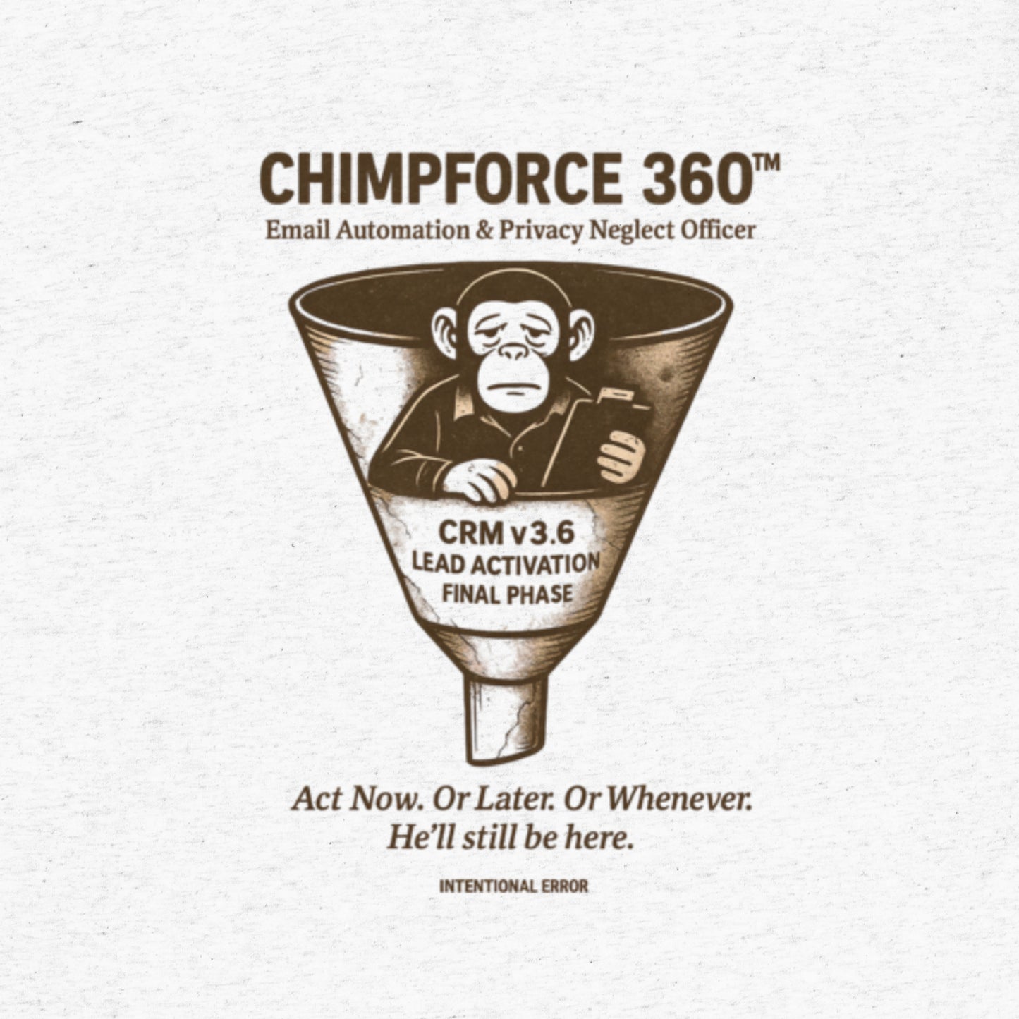 T-shirt featuring a robotic chimp slumped in a marketing funnel with “CRM v3.6 Lead Activation Final Phase.” Email satire graphic.