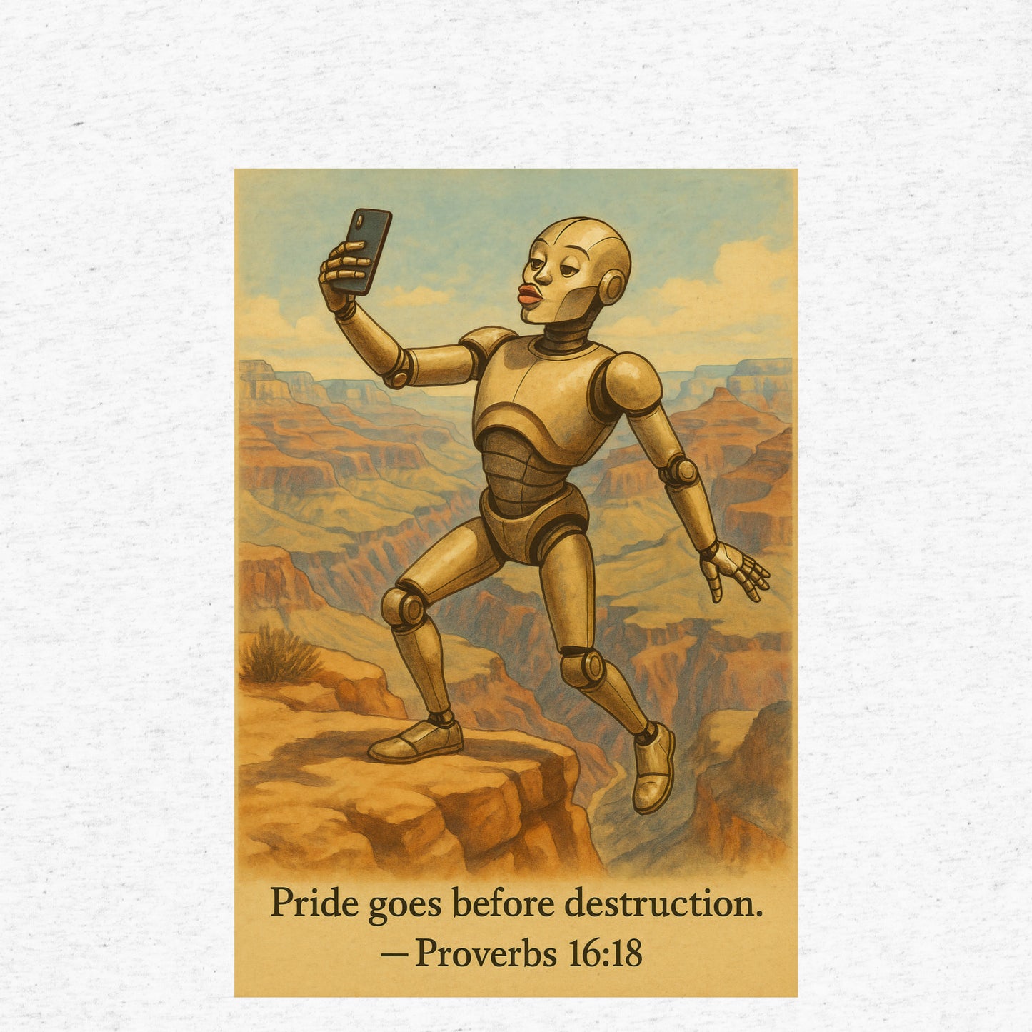 T-shirt featuring a robot taking a duck-lip selfie at the Grand Canyon with caption: “Pride goes before destruction.”