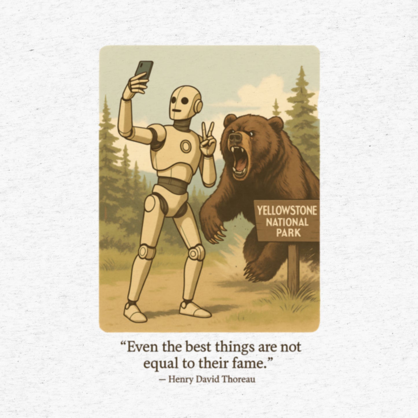 T-shirt featuring a robot taking a selfie in front of a roaring bear at Yellowstone National Park. Satirical AI influencer design.
