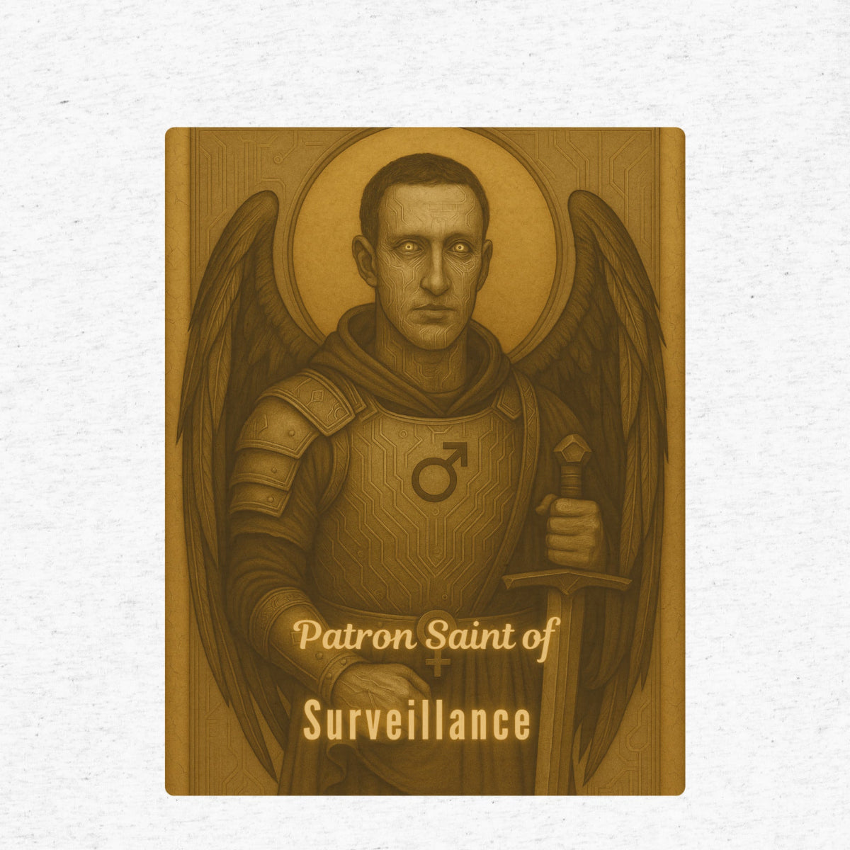 Graphic tee design with an angelic figure and text 'Patron Saint of Surveillance' on a white background