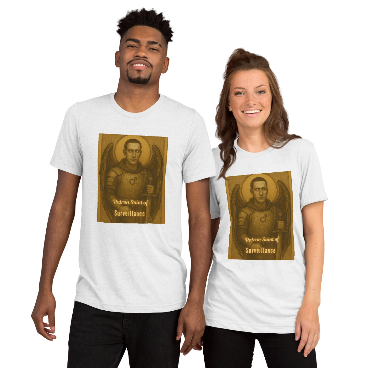 Two people wearing unisex white t-shirts with a printed design on a white background