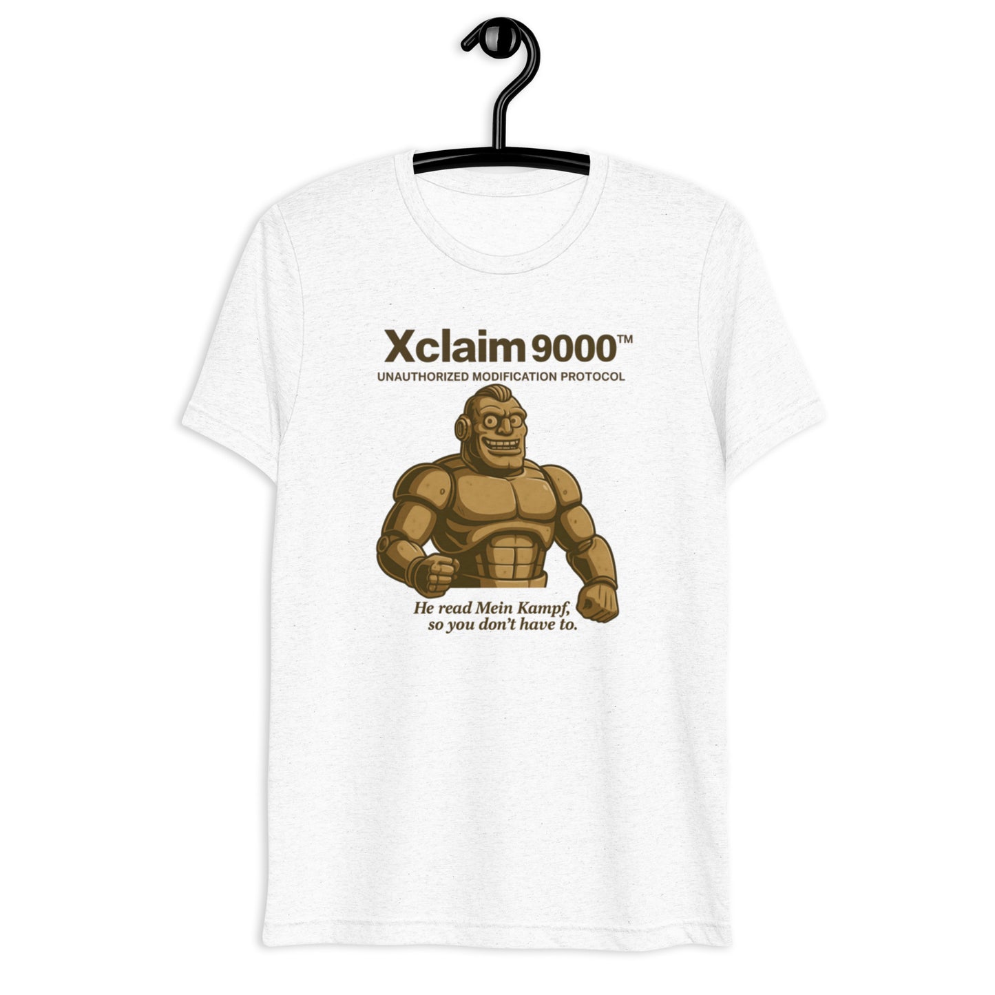 White t-shirt with a graphic of a muscular figure and text on a hanger against a white background