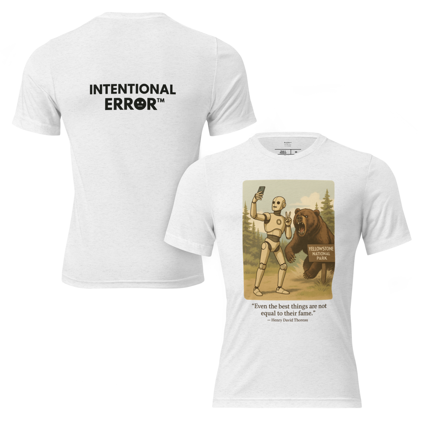 T-shirt featuring a robot taking a selfie in front of a roaring bear at Yellowstone National Park. Satirical AI influencer design.