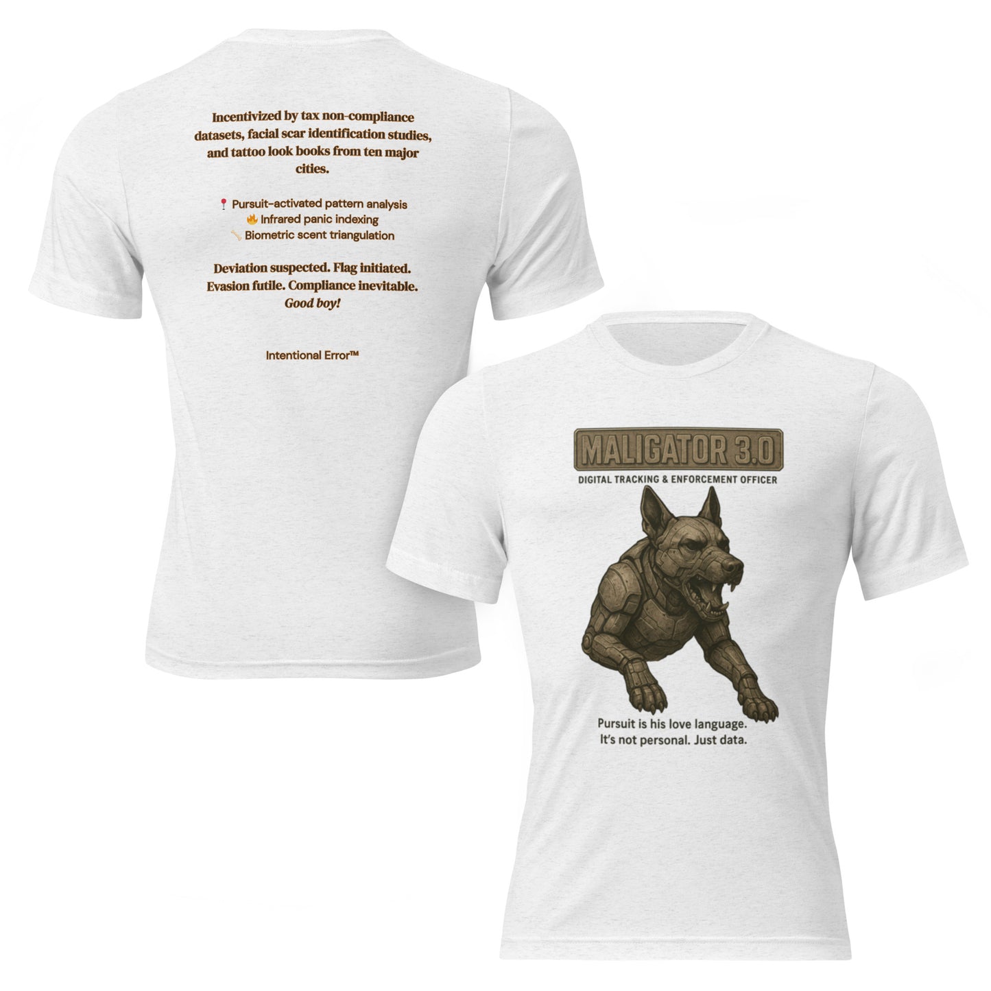 T-shirt featuring a robotic Belgian Malinois with the text “Maligator 3.0 – Digital Tracking Officer.” Satire of predictive policing.