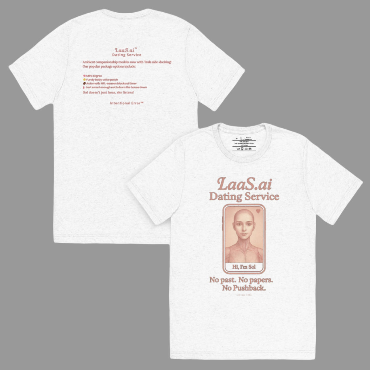 Back and front mockups of Intentional Error's LaaS.ai Dating Service graphic T-shirt in white.