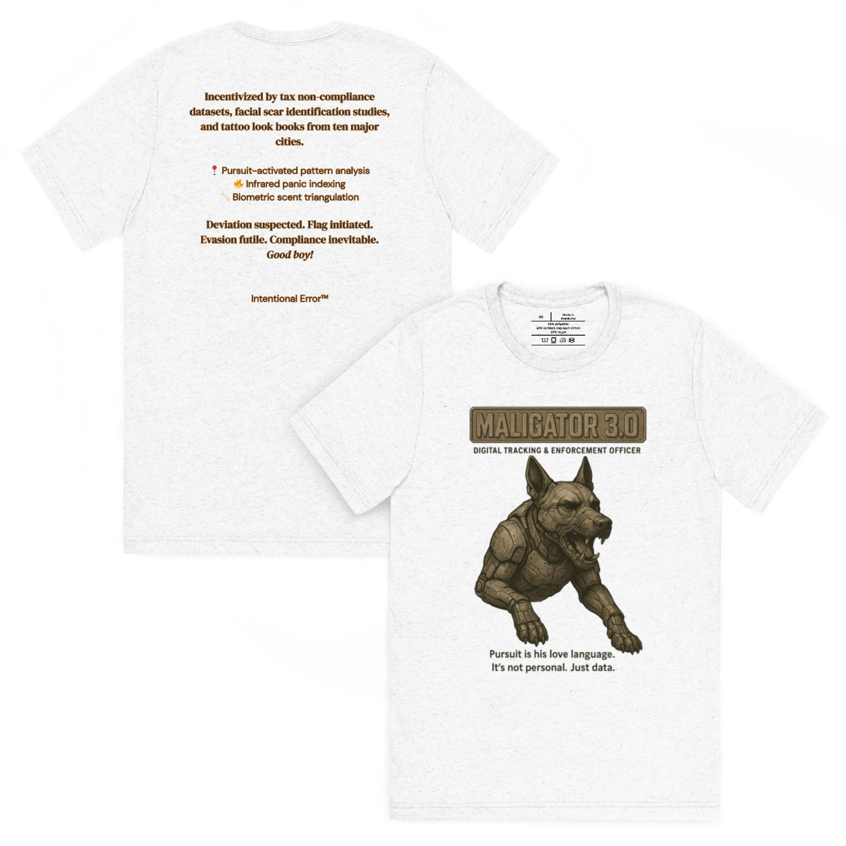 Back and front mockups of Intentional Error's Maligator 3.0 graphic T-shirt in white fleck.