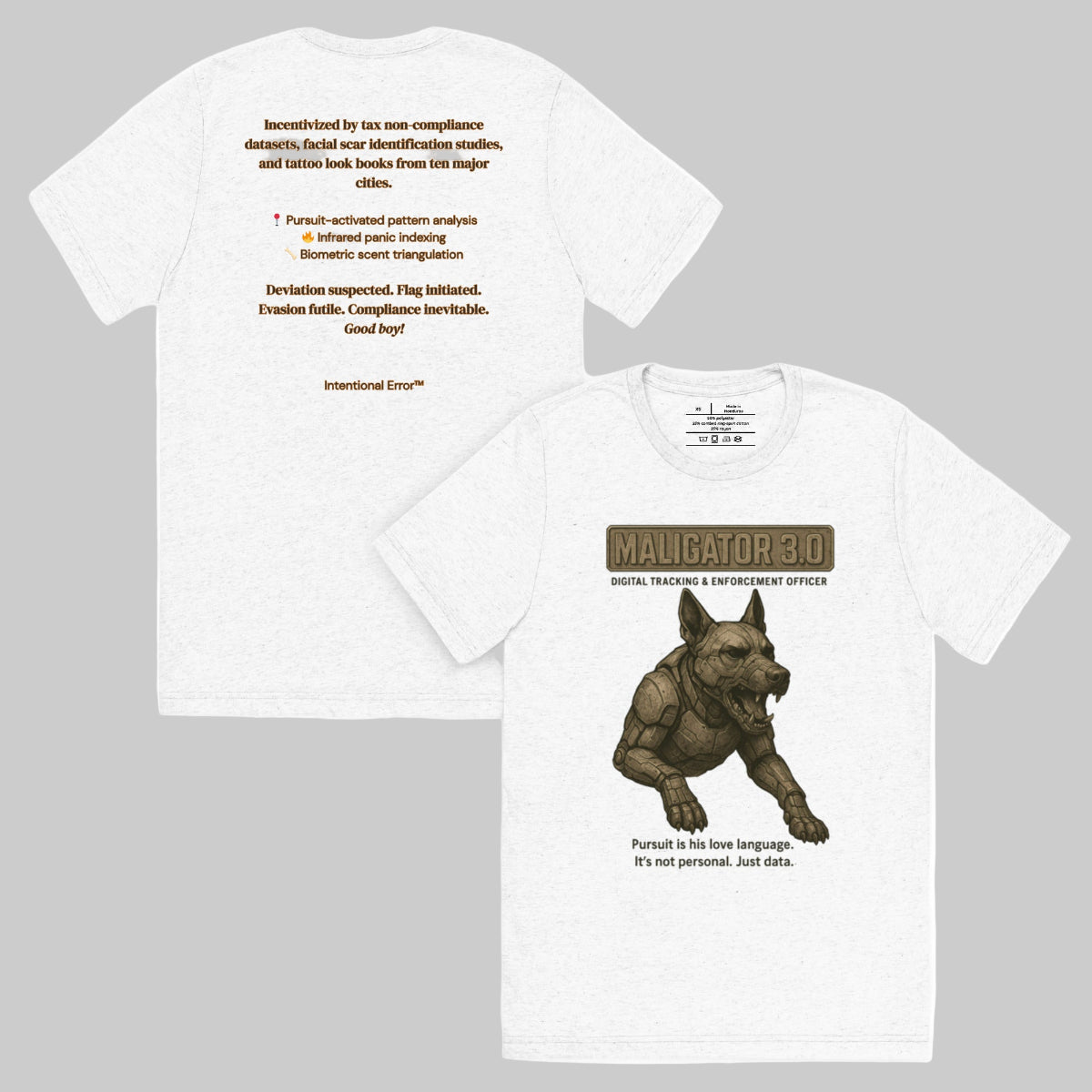 Back and front mockups of Intentional Error's Maligator 3.0 graphic T-shirt in white fleck.