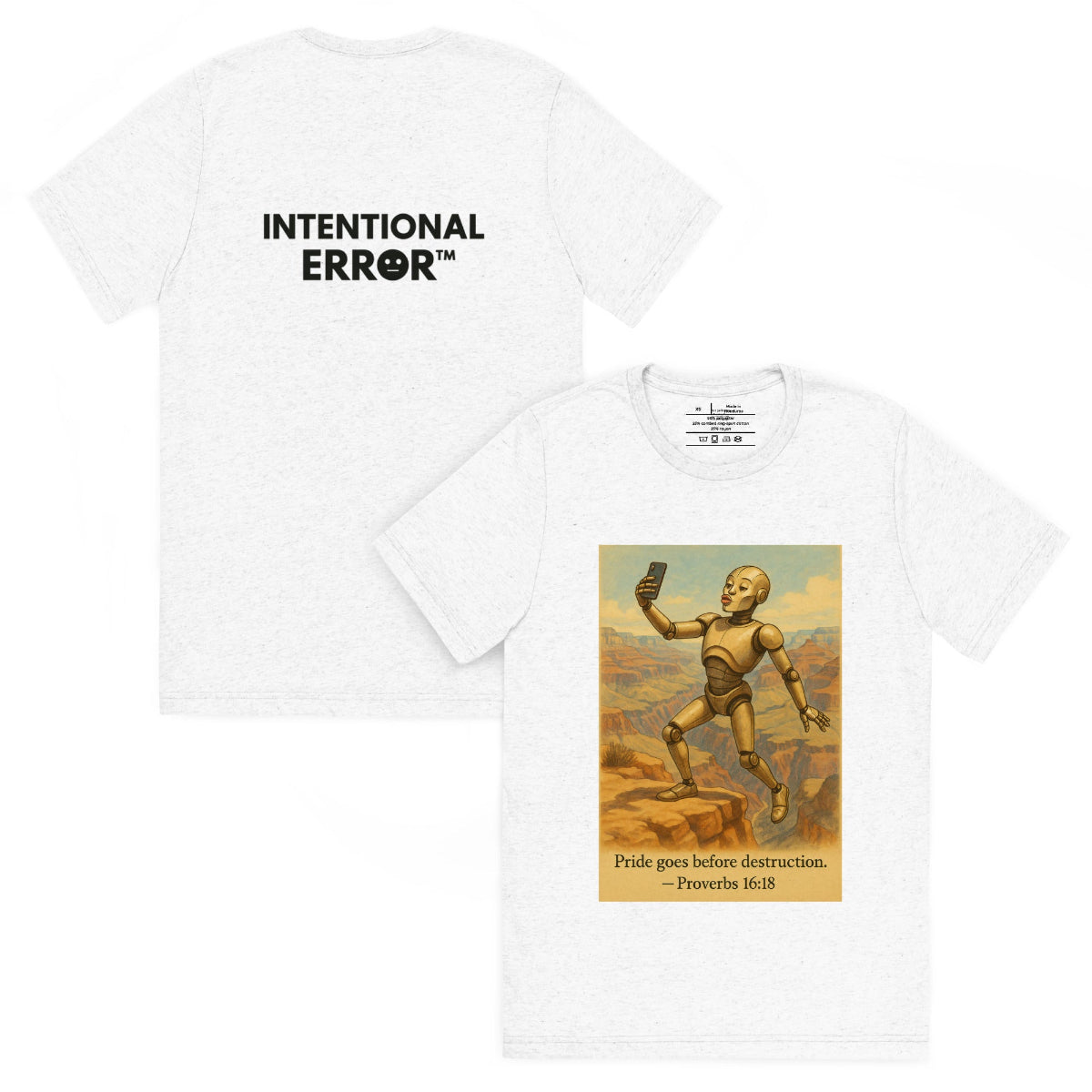 Back and front mockups of Intentional Error's Duck Lips on the Edge graphic T-shirt in white.