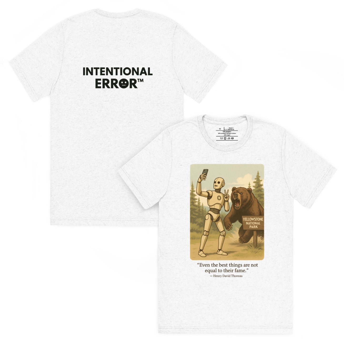 Back and front mockups of Intentional Error's Bearly Surviving graphic T-shirt in white.